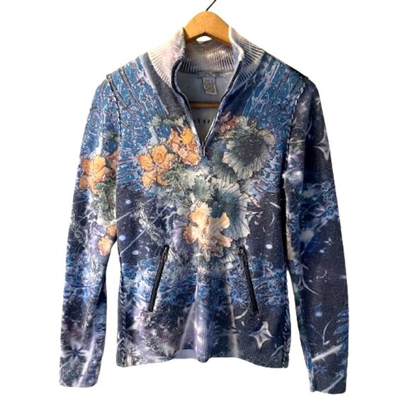 Alberto Makali Maximalist Sweater SMALL Rare Abstract Print Space Floral 1/4 zip - Picture 2 of 11
